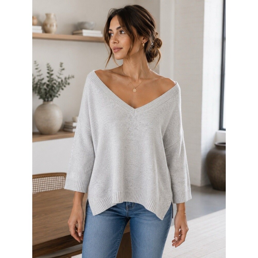 Madewell V Neck Sweater Women’s Small Gray Marled 3/4 Sleeve Lightweight